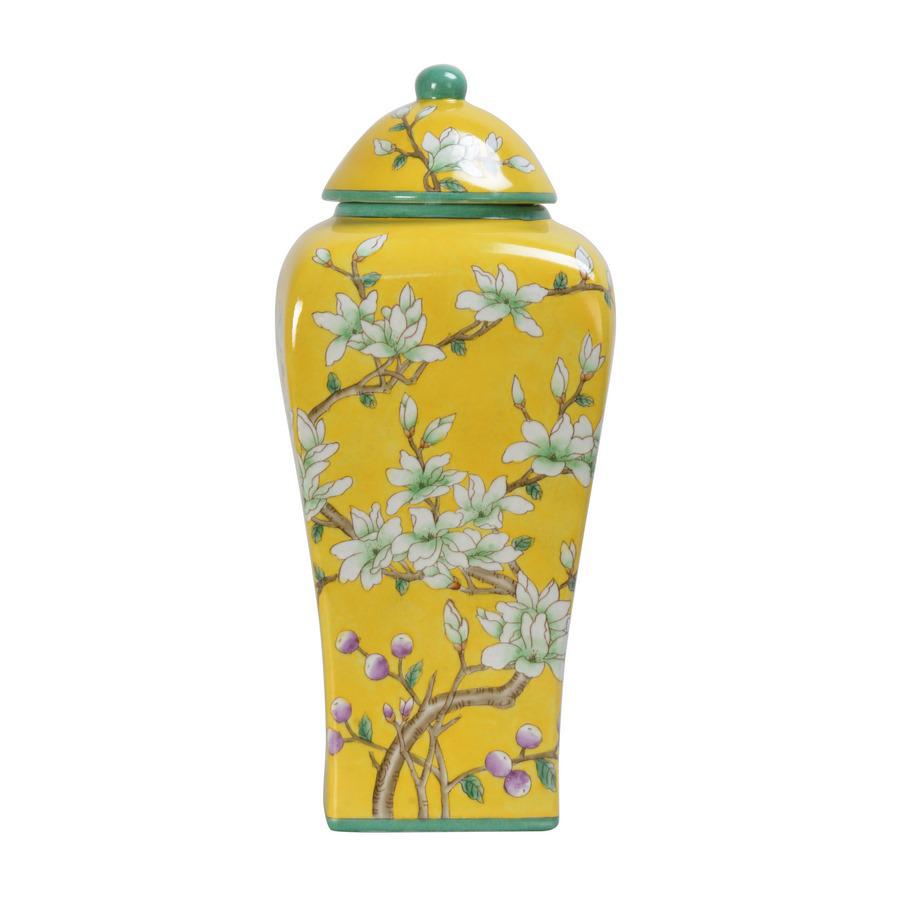 Vaso Potiche in ceramica con fondo giallo e motivo floreale