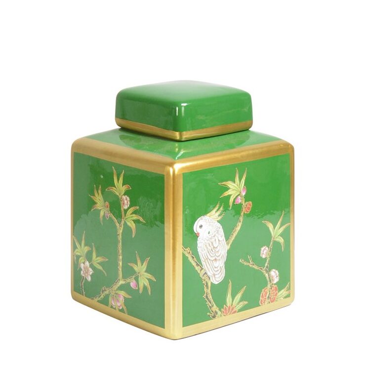 Vaso Potiche in ceramica con fondo verde e decoro