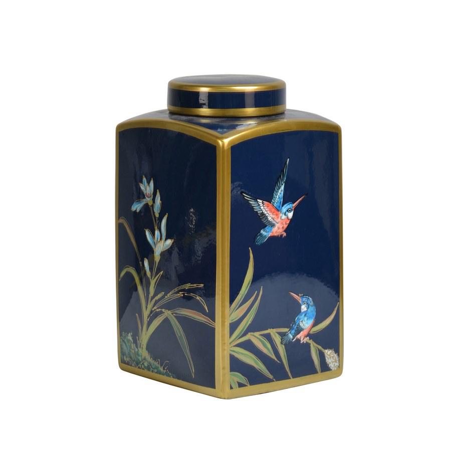 Vaso Potiche in ceramica con fondo blu e decoro