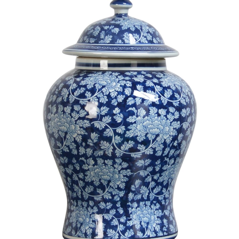 Vaso Potiche in ceramica con decoro floreale su fondo azzurro