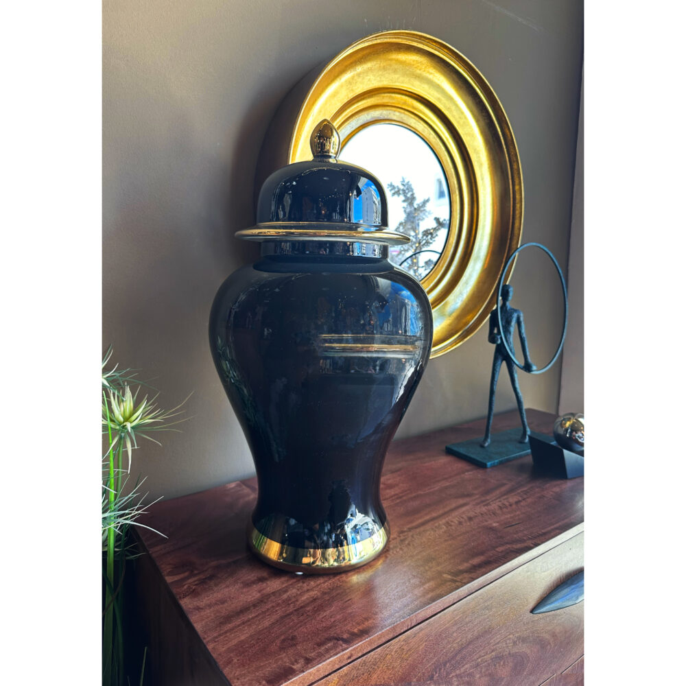 Vaso potiche in ceramica nera bordo oro - immagine 3
