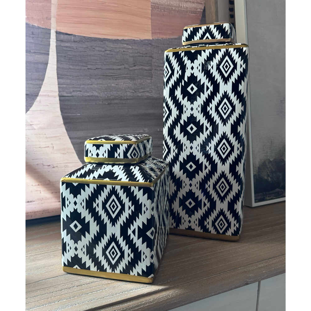 Vaso potiche basso in ceramica motivo optical bianco e nero - immagine 3