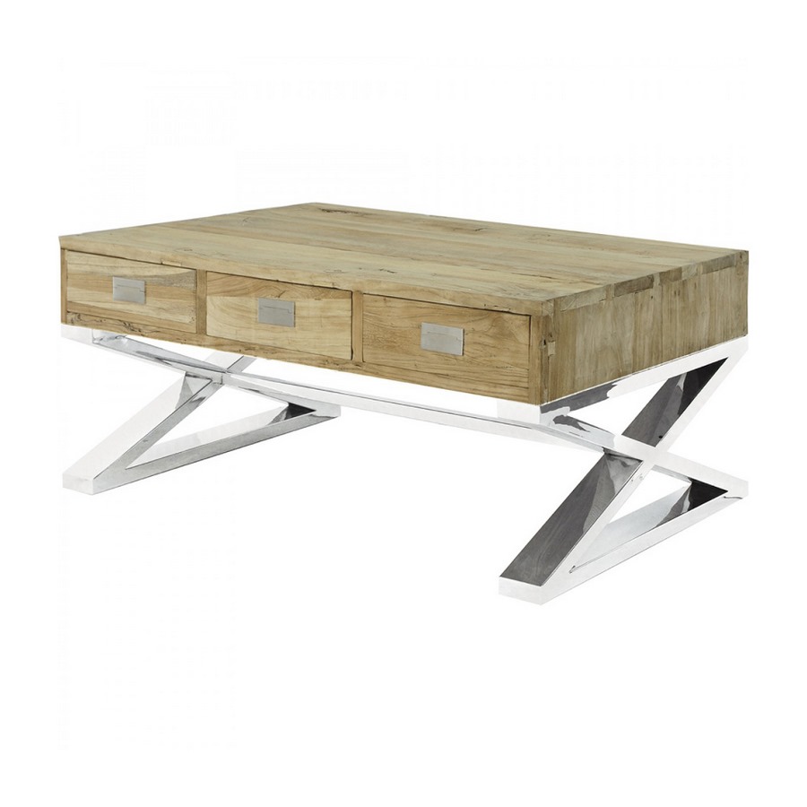 Coffee Table in olmo riciclato 3 cassetti con base in acciaio lucido