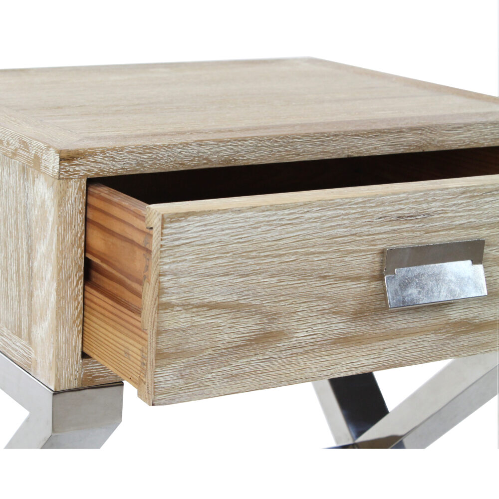Side Table in olmo riciclato con base in acciaio lucido e cassetto - immagine 3
