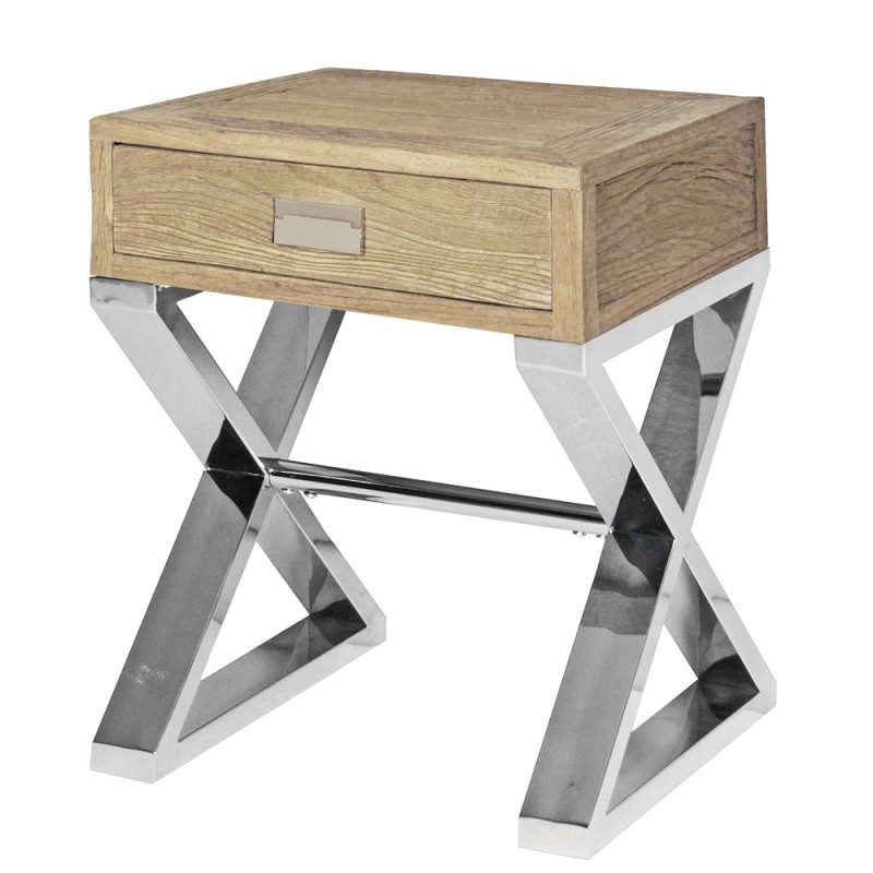 Side Table in olmo riciclato con base in acciaio lucido e cassetto