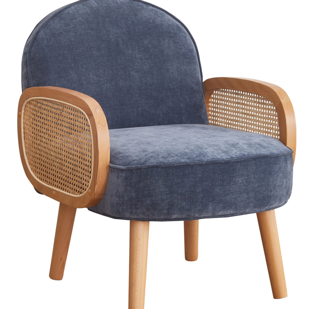 Poltroncina blu imbottita con braccioli in paglia di Vienna