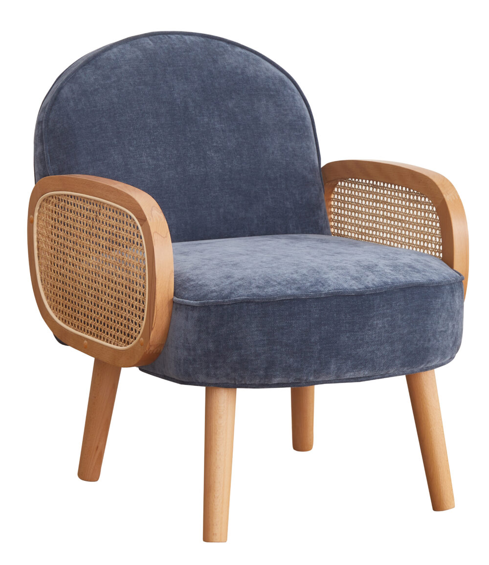 Poltroncina blu imbottita con braccioli in paglia di Vienna