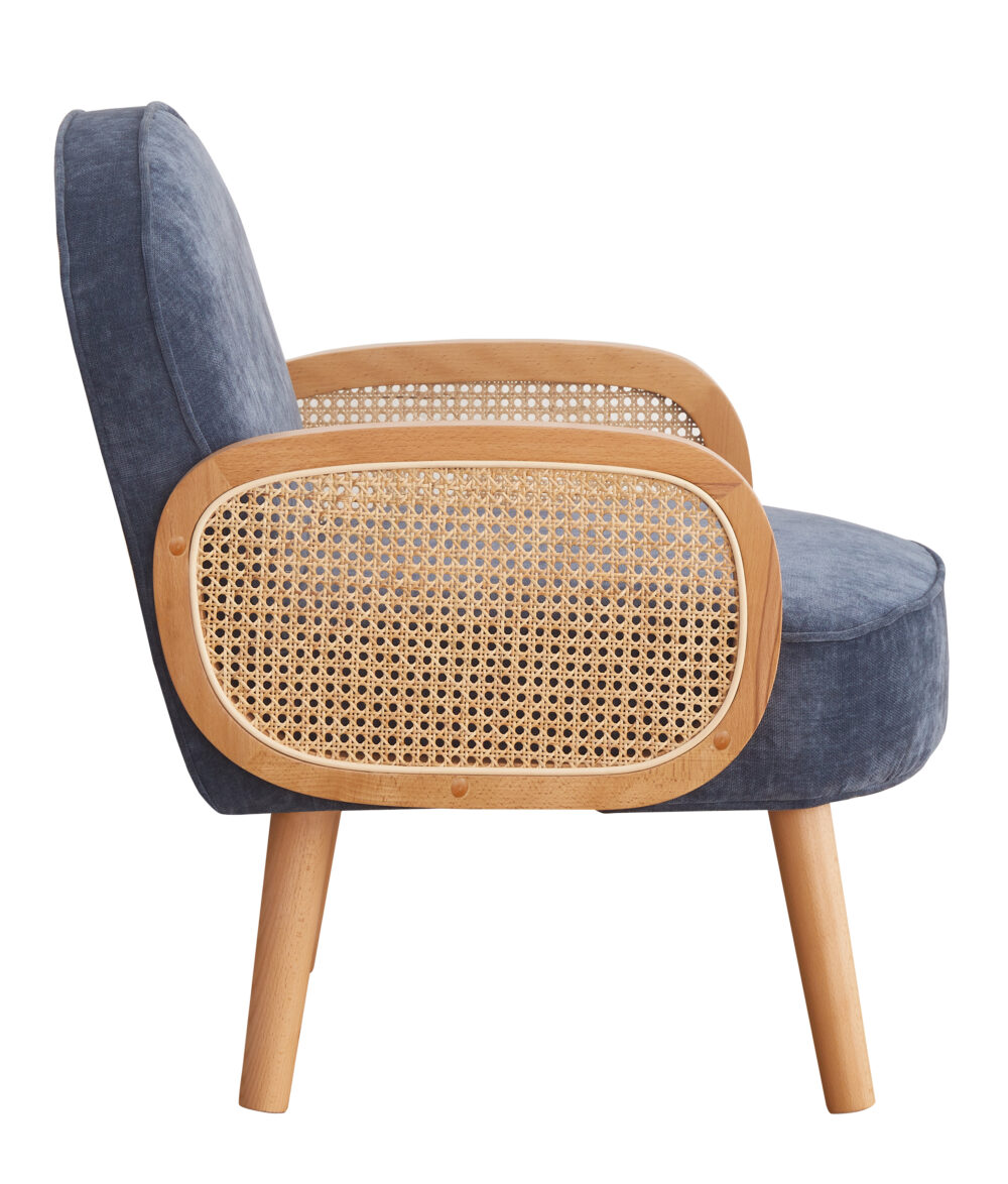 Poltroncina blu imbottita con braccioli in paglia di Vienna - immagine 4