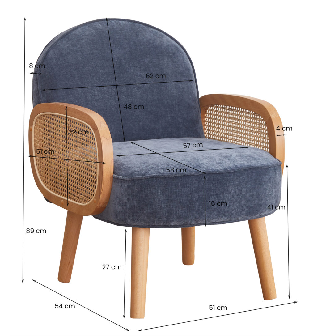 Poltroncina blu imbottita con braccioli in paglia di Vienna - immagine 2