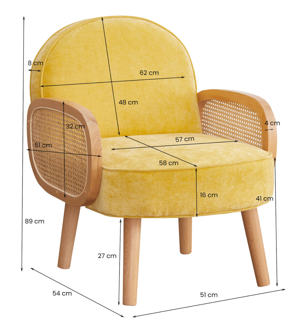 Poltroncina gialla imbottita con braccioli in paglia di Vienna - immagine 2