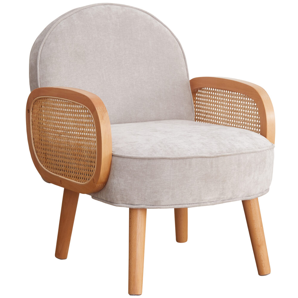 Poltroncina grigio perla imbottita con braccioli in paglia di Vienna