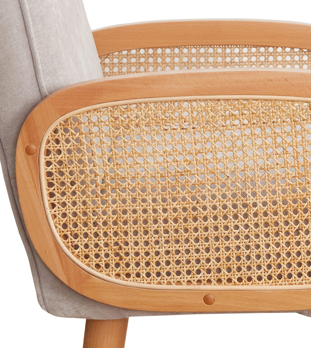 Poltroncina grigio perla imbottita con braccioli in paglia di Vienna - immagine 5