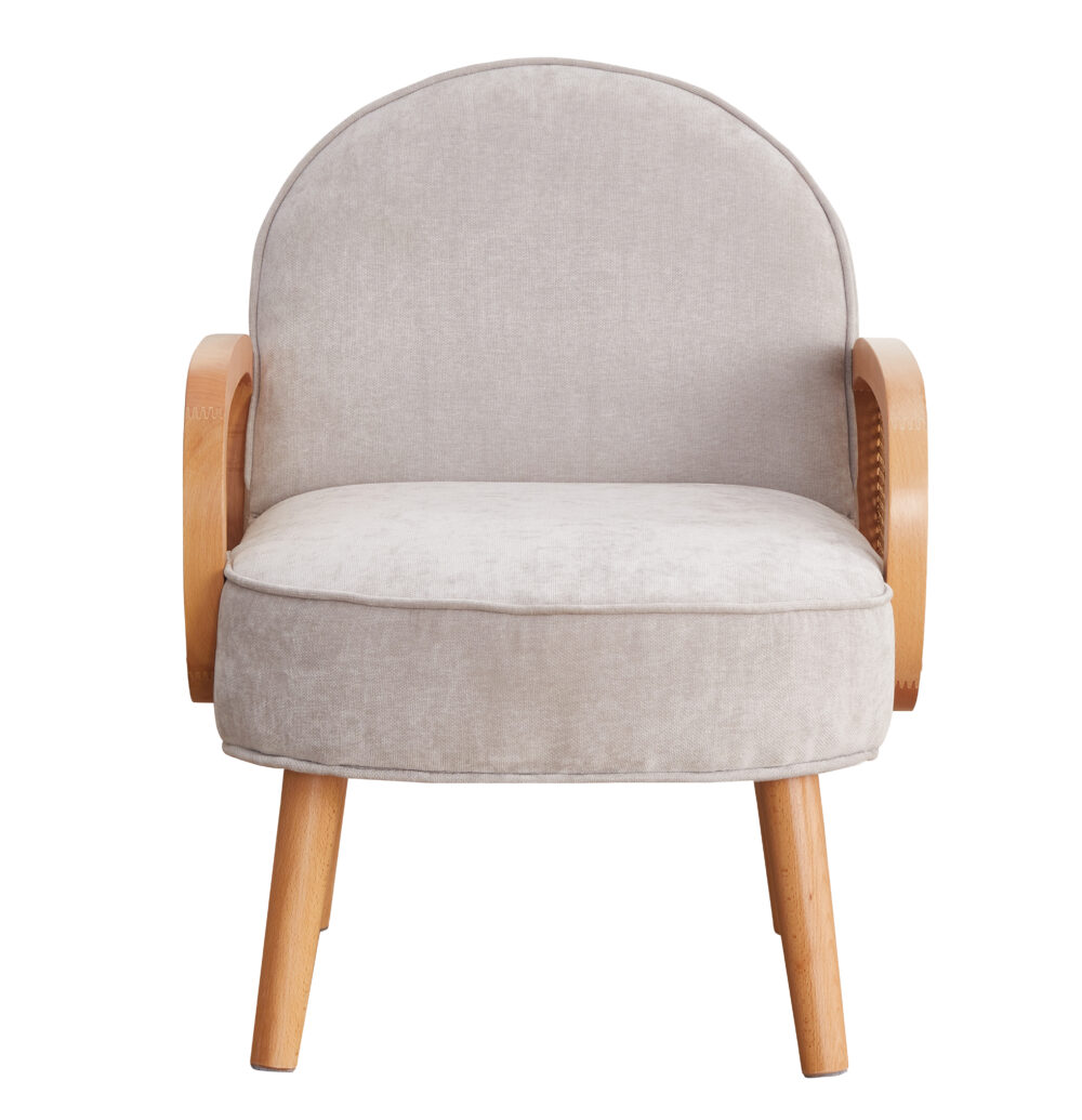 Poltroncina grigio perla imbottita con braccioli in paglia di Vienna - immagine 3