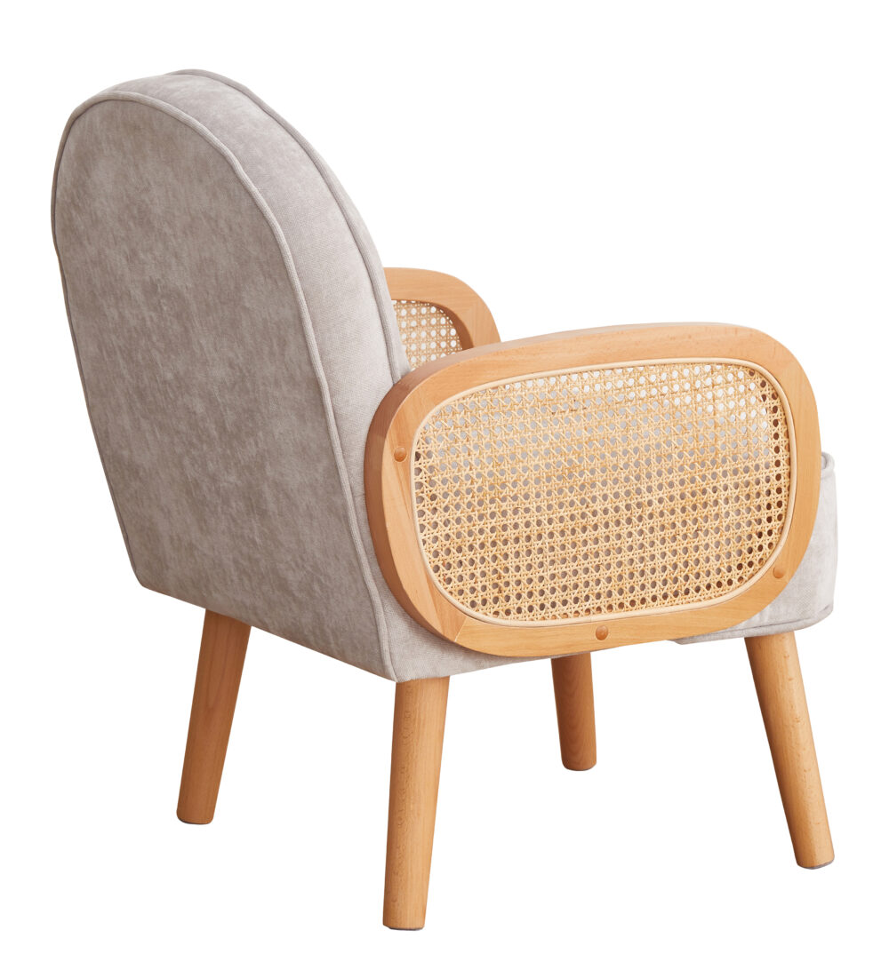 Poltroncina grigio perla imbottita con braccioli in paglia di Vienna - immagine 6