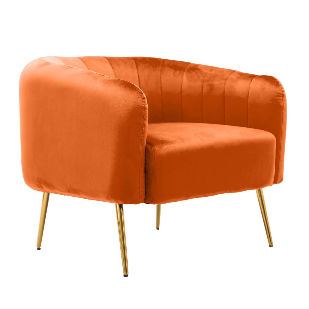 Poltrona in tessuto color arancione con gambe in metallo dorato