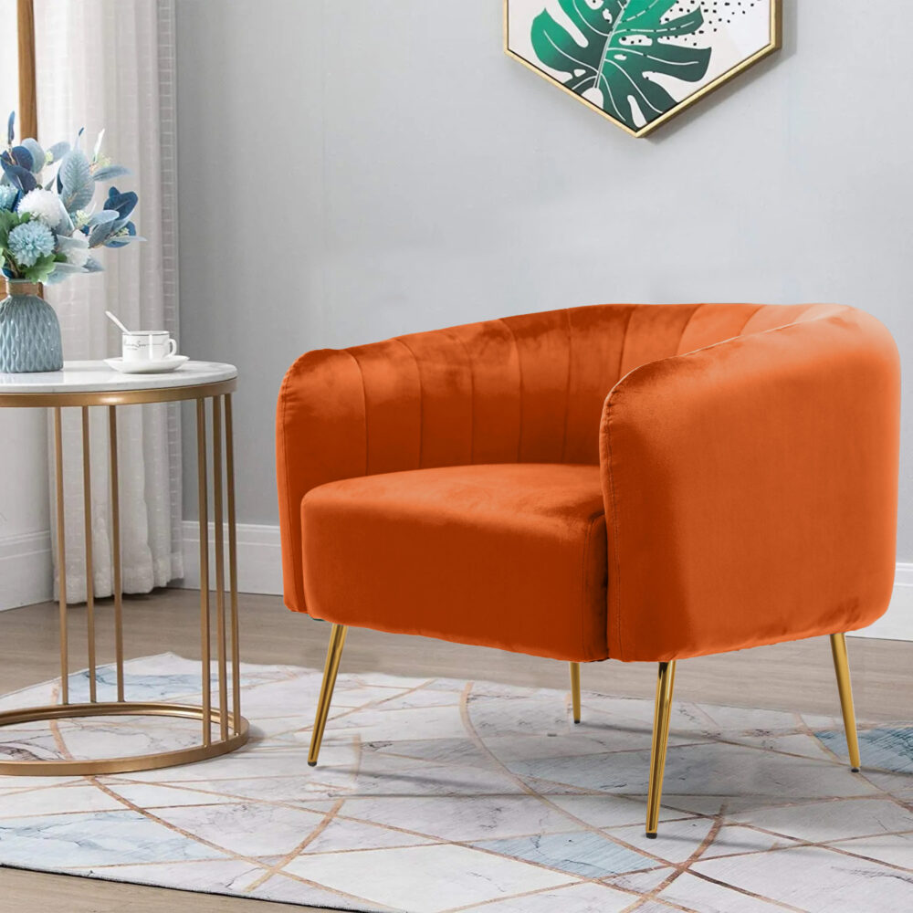 Poltrona in tessuto color arancione con gambe in metallo dorato - immagine 5