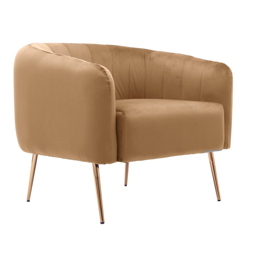 Poltrona in tessuto color nocciola con gambe in metallo dorato