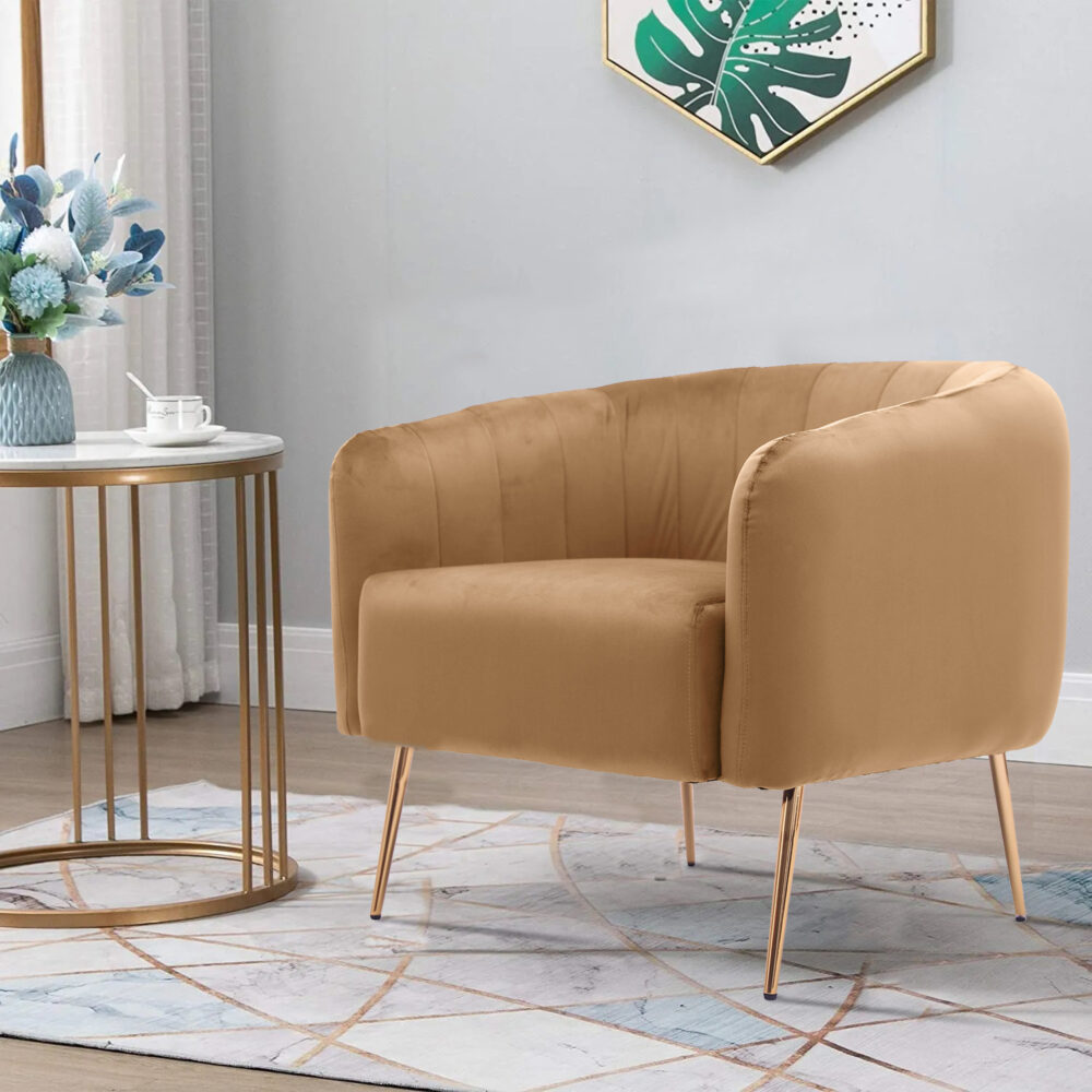Poltrona in tessuto color nocciola con gambe in metallo dorato - immagine 2
