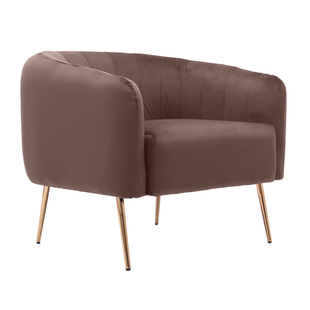 Poltrona in tessuto color marrone con gambe in metallo dorato