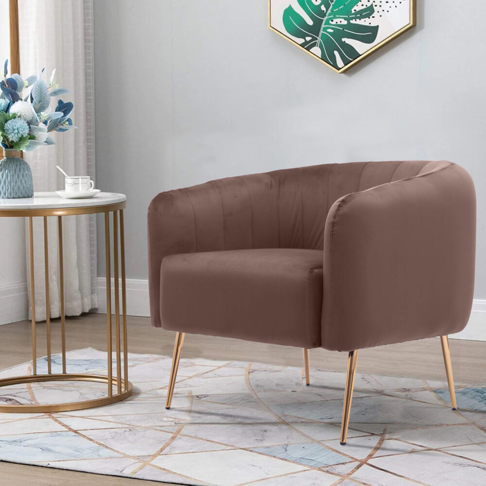 Poltrona in tessuto color marrone con gambe in metallo dorato - immagine 2
